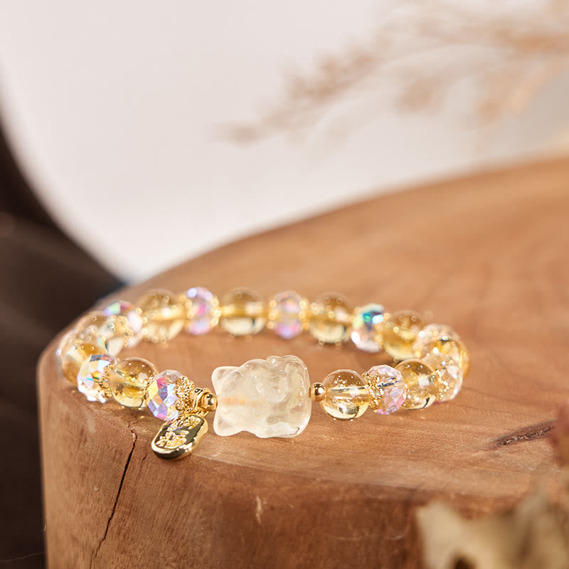 Fortune Jewel Natural Citrine White Crystal Nine Tailed Fox Attracting Wealth Charm Energy Bracelet
