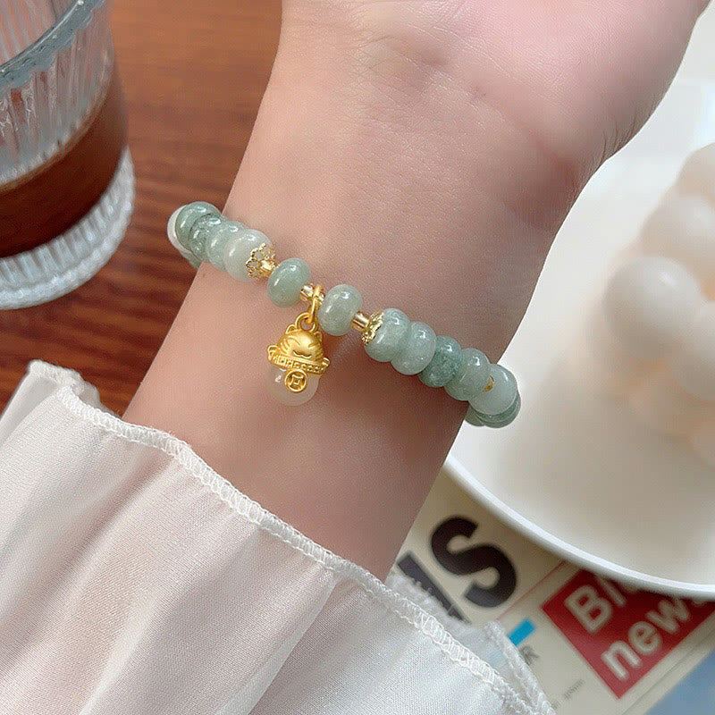 Fortune Jewel Strawberry Quartz Cyan Jade Lucky Cat Beads Healing Bracelet