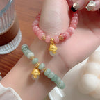 Fortune Jewel Strawberry Quartz Cyan Jade Lucky Cat Beads Healing Bracelet