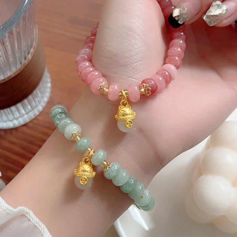 Fortune Jewel Strawberry Quartz Cyan Jade Lucky Cat Beads Healing Bracelet