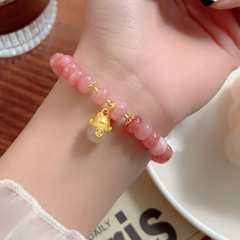 Fortune Jewel Strawberry Quartz Cyan Jade Lucky Cat Beads Healing Bracelet