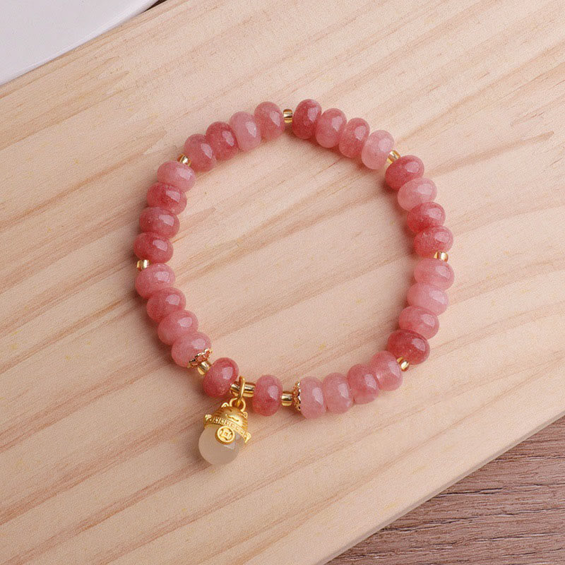 Fortune Jewel Strawberry Quartz Cyan Jade Lucky Cat Beads Healing Bracelet