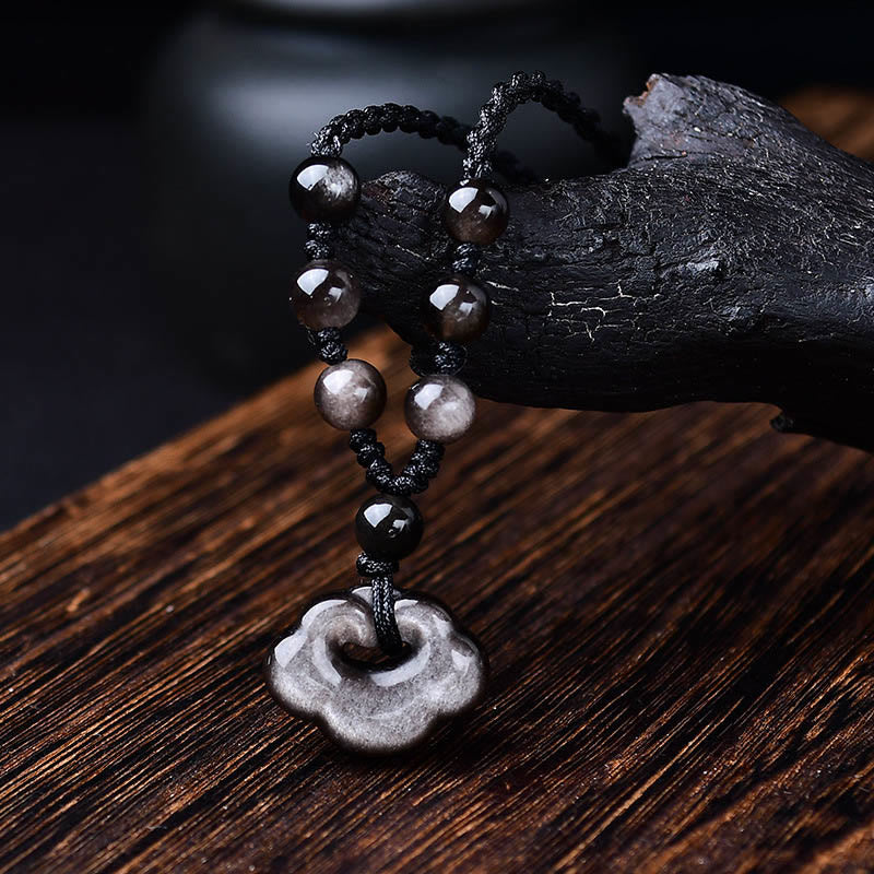 Fortune Jewel Natural Silver Sheen Obsidian Auspicious Clouds Protection Soothing Necklace Pendant