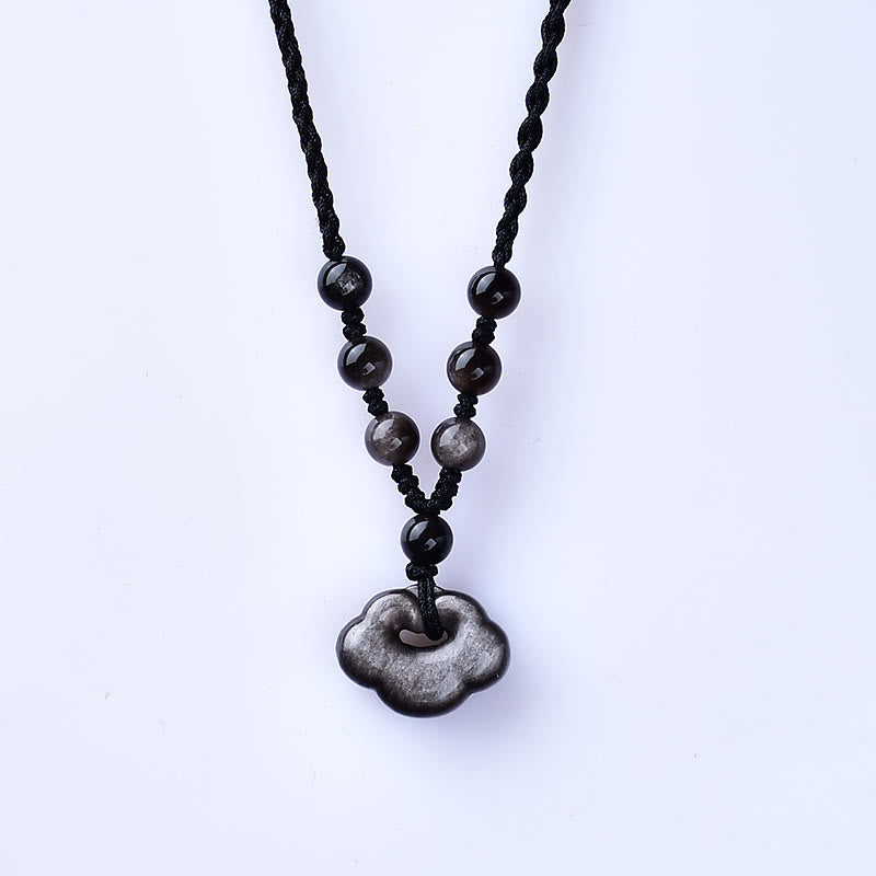 Fortune Jewel Natural Silver Sheen Obsidian Auspicious Clouds Protection Soothing Necklace Pendant