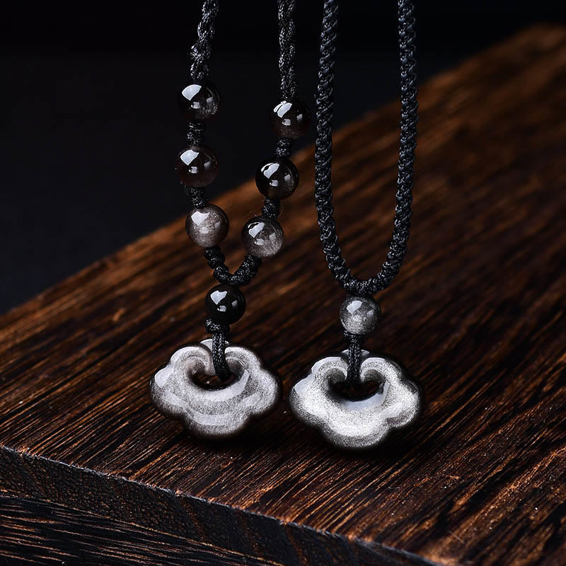 Fortune Jewel Natural Silver Sheen Obsidian Auspicious Clouds Protection Soothing Necklace Pendant