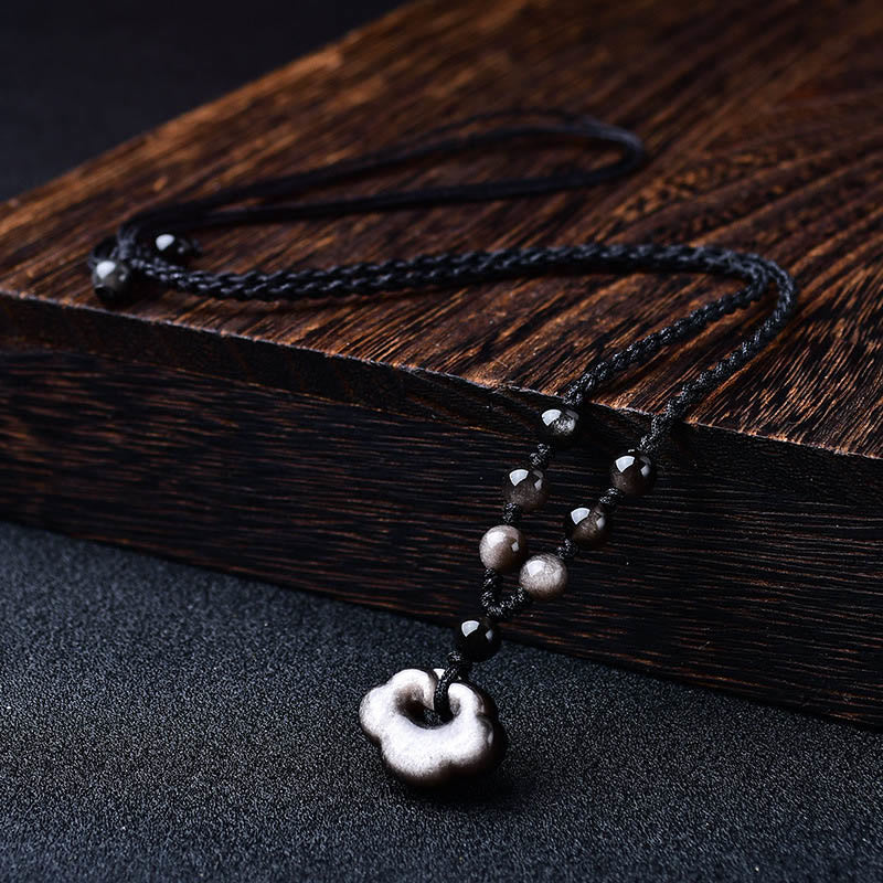 Fortune Jewel Natural Silver Sheen Obsidian Auspicious Clouds Protection Soothing Necklace Pendant