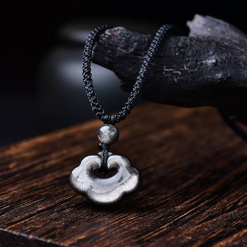 Fortune Jewel Natural Silver Sheen Obsidian Auspicious Clouds Protection Soothing Necklace Pendant