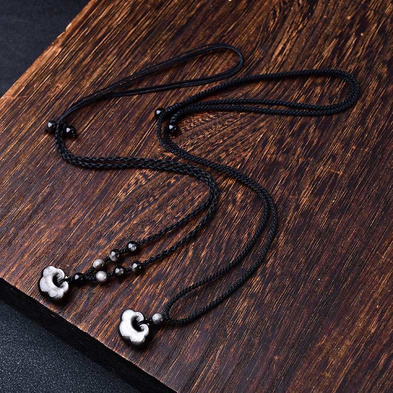 Fortune Jewel Natural Silver Sheen Obsidian Auspicious Clouds Protection Soothing Necklace Pendant