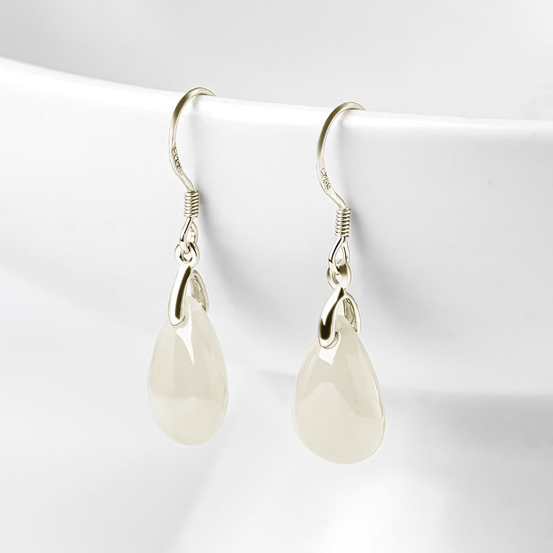 Fortune Jewel 925 Sterling Silver Jade Water Drop Pattern Luck Prosperity Dangle Earrings