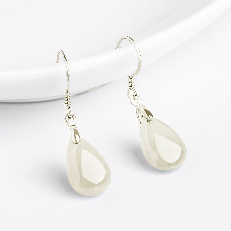 Fortune Jewel 925 Sterling Silver Jade Water Drop Pattern Luck Prosperity Dangle Earrings