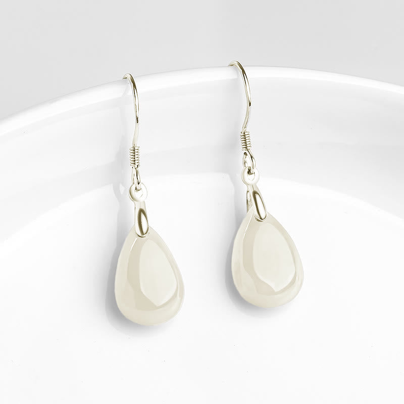 Fortune Jewel 925 Sterling Silver Jade Water Drop Pattern Luck Prosperity Dangle Earrings