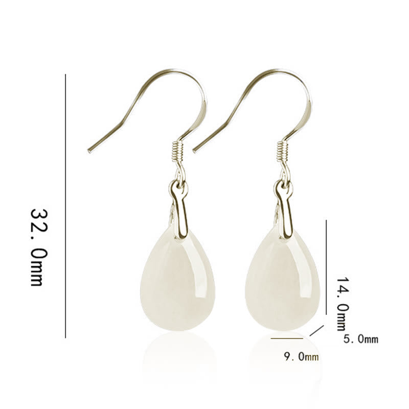 Fortune Jewel 925 Sterling Silver Jade Water Drop Pattern Luck Prosperity Dangle Earrings