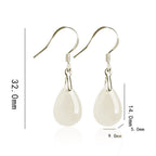 Fortune Jewel 925 Sterling Silver Jade Water Drop Pattern Luck Prosperity Dangle Earrings