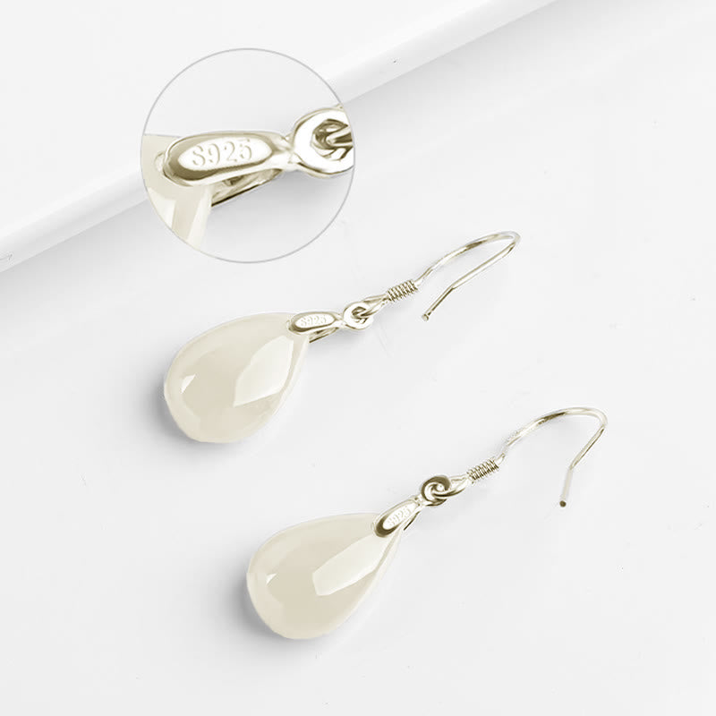 Fortune Jewel 925 Sterling Silver Jade Water Drop Pattern Luck Prosperity Dangle Earrings