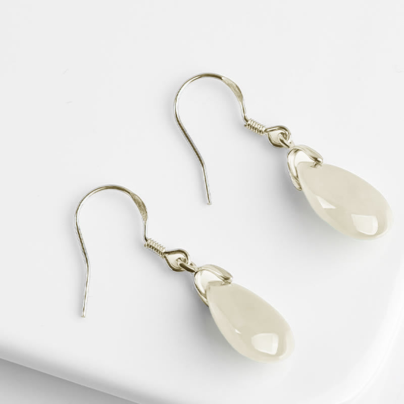 Fortune Jewel 925 Sterling Silver Jade Water Drop Pattern Luck Prosperity Dangle Earrings