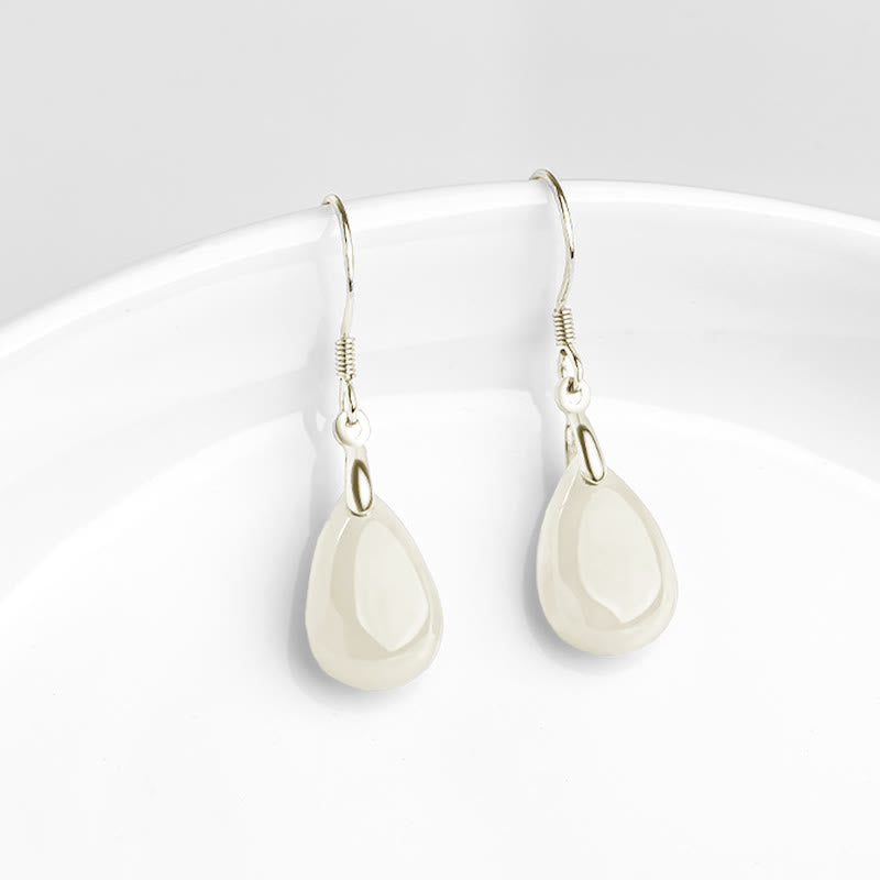 Fortune Jewel 925 Sterling Silver Jade Water Drop Pattern Luck Prosperity Dangle Earrings