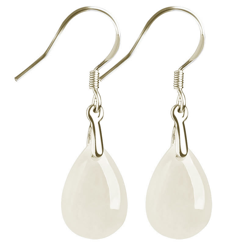 Fortune Jewel 925 Sterling Silver Jade Water Drop Pattern Luck Prosperity Dangle Earrings