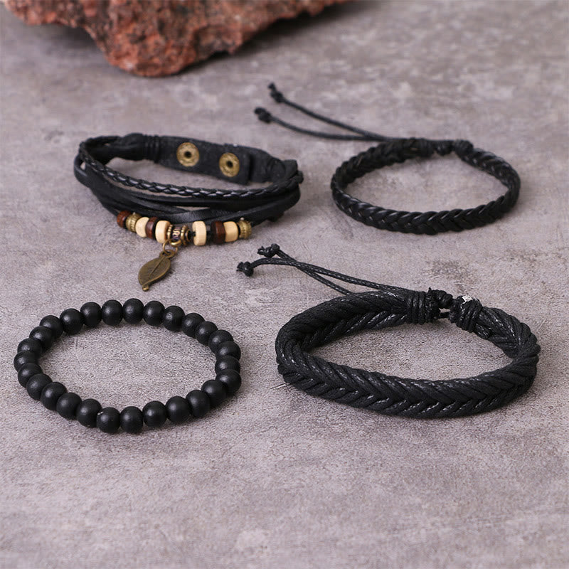 Fortune Jewel Leaf Multi-layer Twisted Leather Resin Beads Courage Bracelet Set