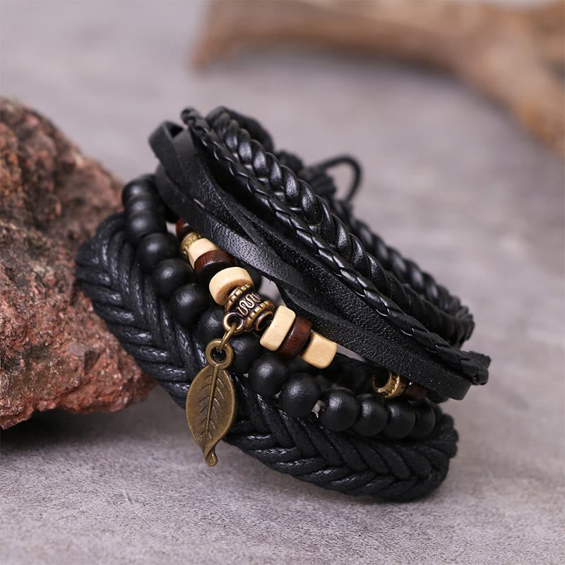 Fortune Jewel Leaf Multi-layer Twisted Leather Resin Beads Courage Bracelet Set