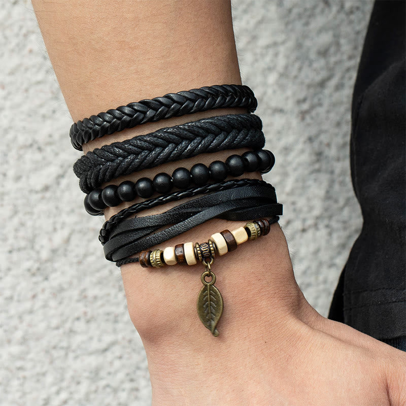 Fortune Jewel Leaf Multi-layer Twisted Leather Resin Beads Courage Bracelet Set