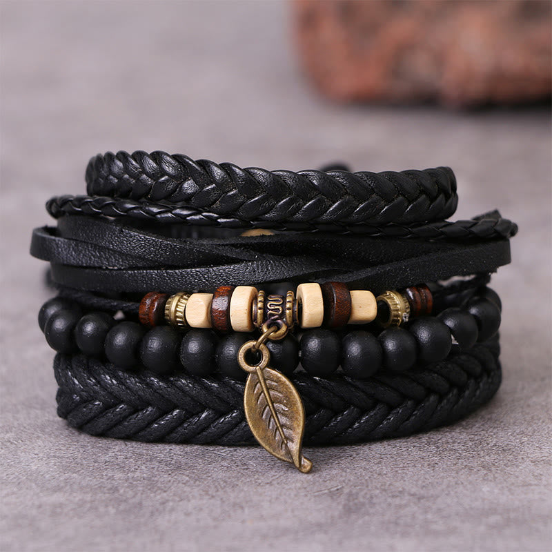 Fortune Jewel Leaf Multi-layer Twisted Leather Resin Beads Courage Bracelet Set