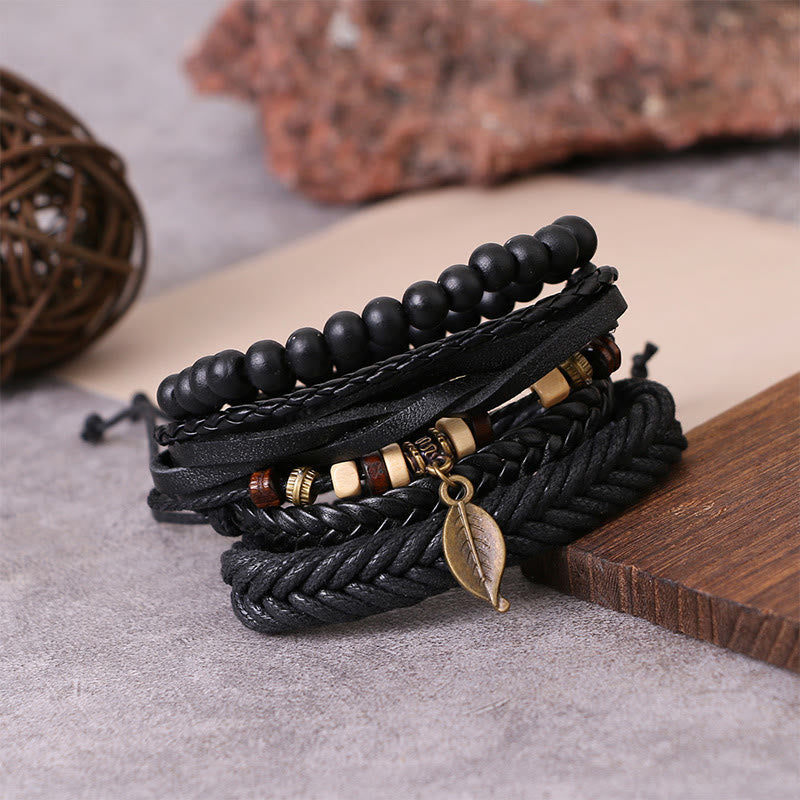 Fortune Jewel Leaf Multi-layer Twisted Leather Resin Beads Courage Bracelet Set