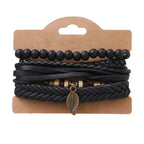 Fortune Jewel Leaf Multi-layer Twisted Leather Resin Beads Courage Bracelet Set