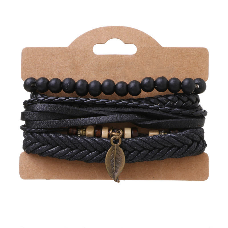 Fortune Jewel Leaf Multi-layer Twisted Leather Resin Beads Courage Bracelet Set