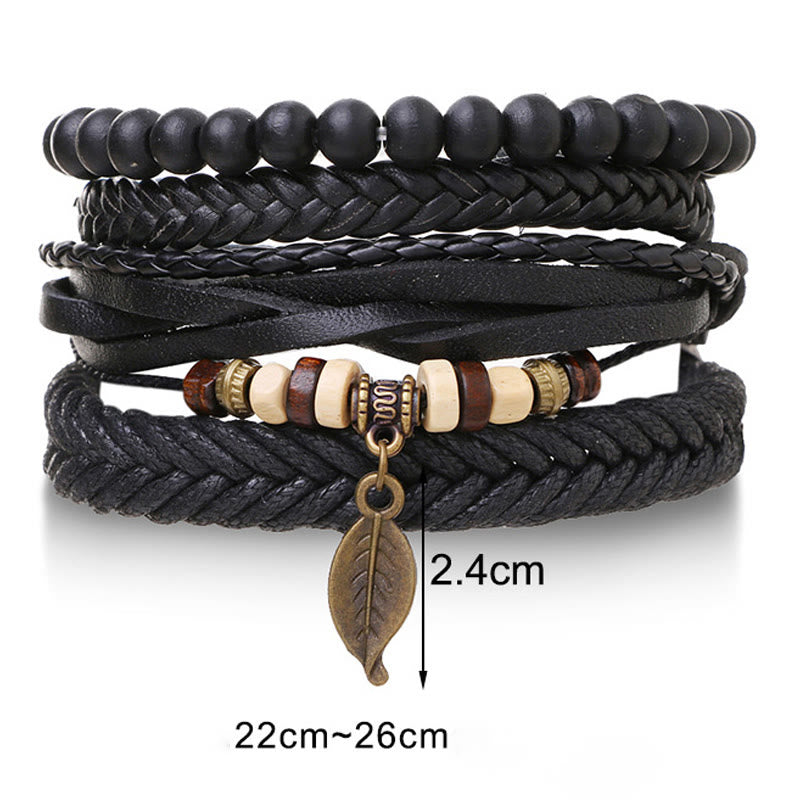 Fortune Jewel Leaf Multi-layer Twisted Leather Resin Beads Courage Bracelet Set