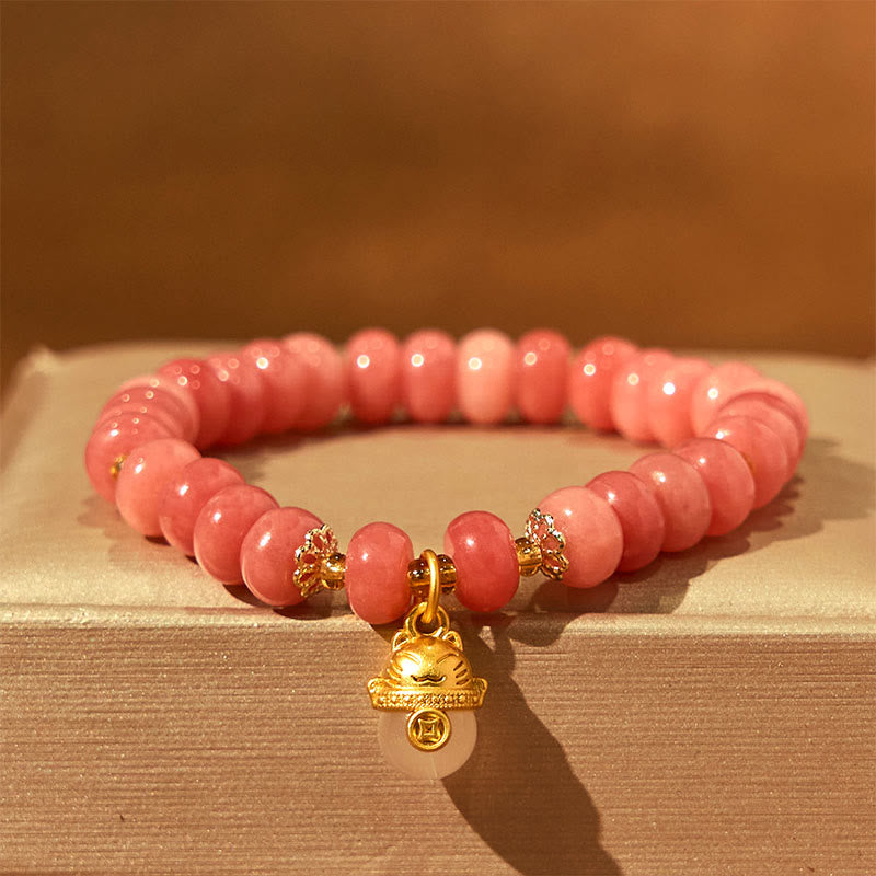 Fortune Jewel Strawberry Quartz Cyan Jade Lucky Cat Beads Healing Bracelet