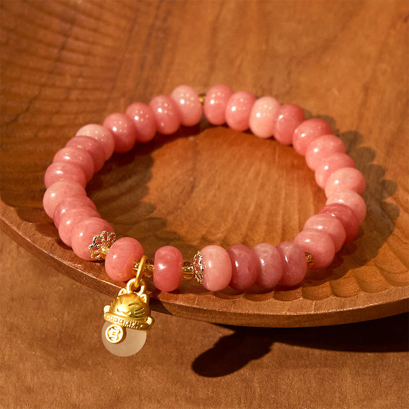 Fortune Jewel Strawberry Quartz Cyan Jade Lucky Cat Beads Healing Bracelet