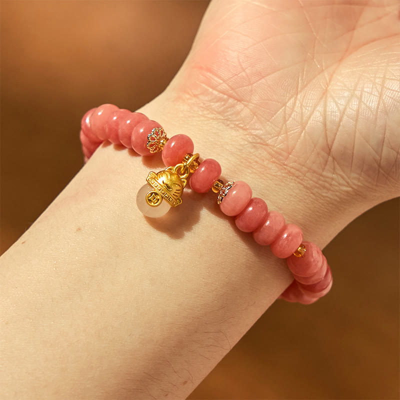 Fortune Jewel Strawberry Quartz Cyan Jade Lucky Cat Beads Healing Bracelet