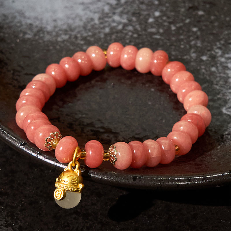 Fortune Jewel Strawberry Quartz Cyan Jade Lucky Cat Beads Healing Bracelet