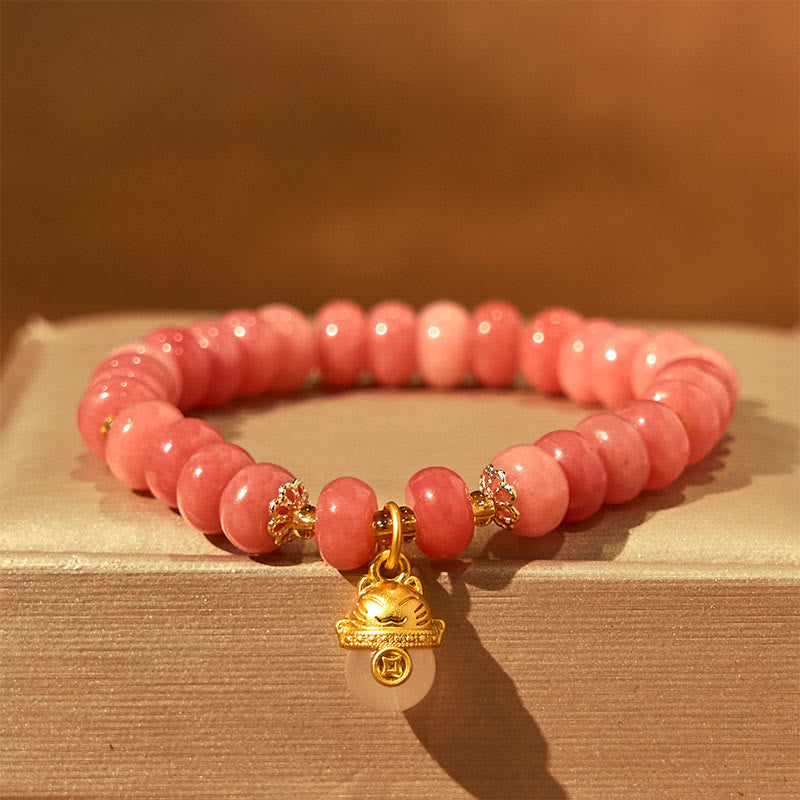 Fortune Jewel Strawberry Quartz Cyan Jade Lucky Cat Beads Healing Bracelet