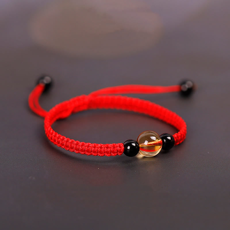 Fortune Jewel Handcrafted Citrine Black Obsidian Bead King Kong Knot Peace Knot Luck Rope Bracelet