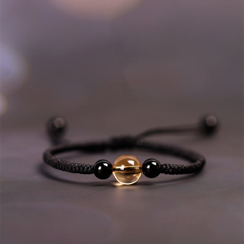 Fortune Jewel Handcrafted Citrine Black Obsidian Bead King Kong Knot Peace Knot Luck Rope Bracelet