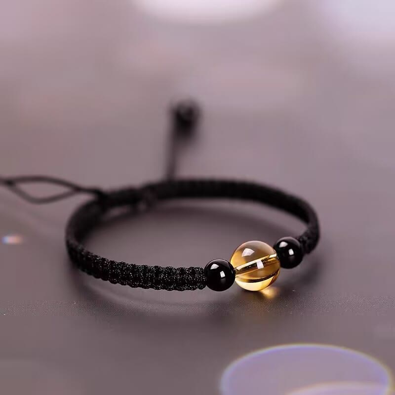 Fortune Jewel Handcrafted Citrine Black Obsidian Bead King Kong Knot Peace Knot Luck Rope Bracelet