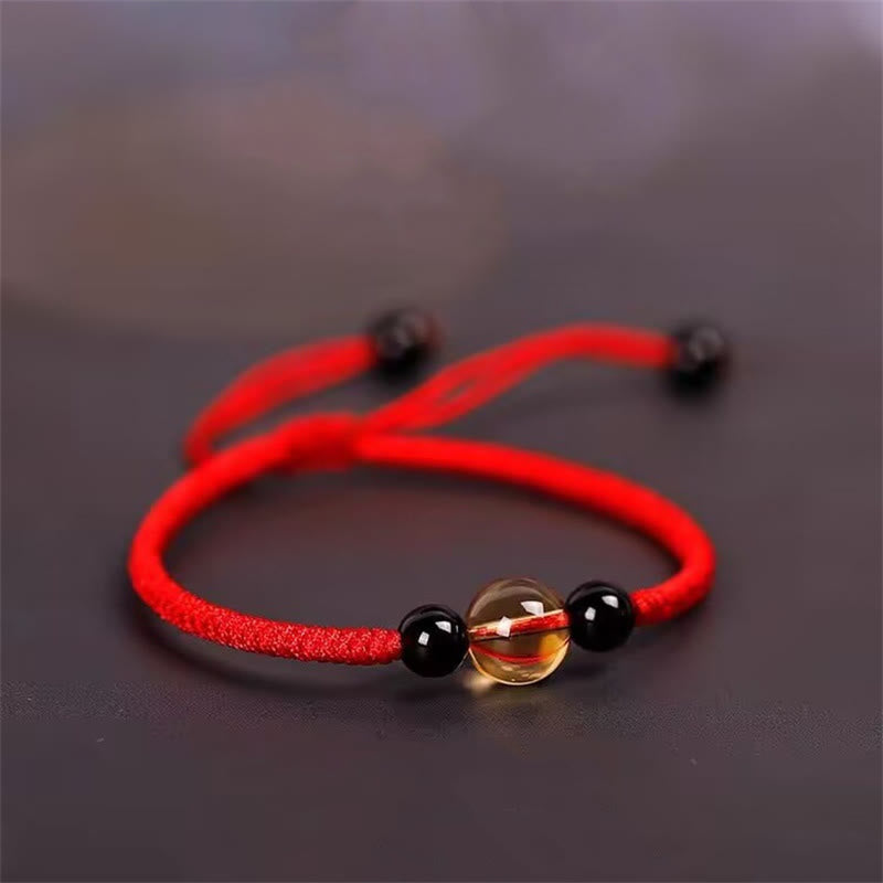 Fortune Jewel Handcrafted Citrine Black Obsidian Bead King Kong Knot Peace Knot Luck Rope Bracelet