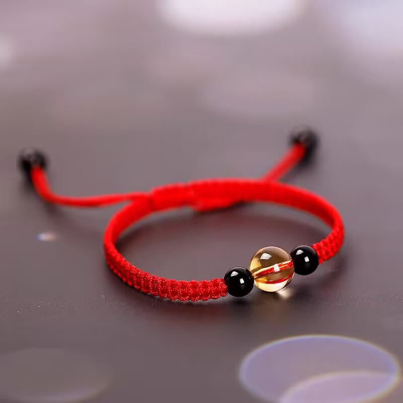 Fortune Jewel Handcrafted Citrine Black Obsidian Bead King Kong Knot Peace Knot Luck Rope Bracelet