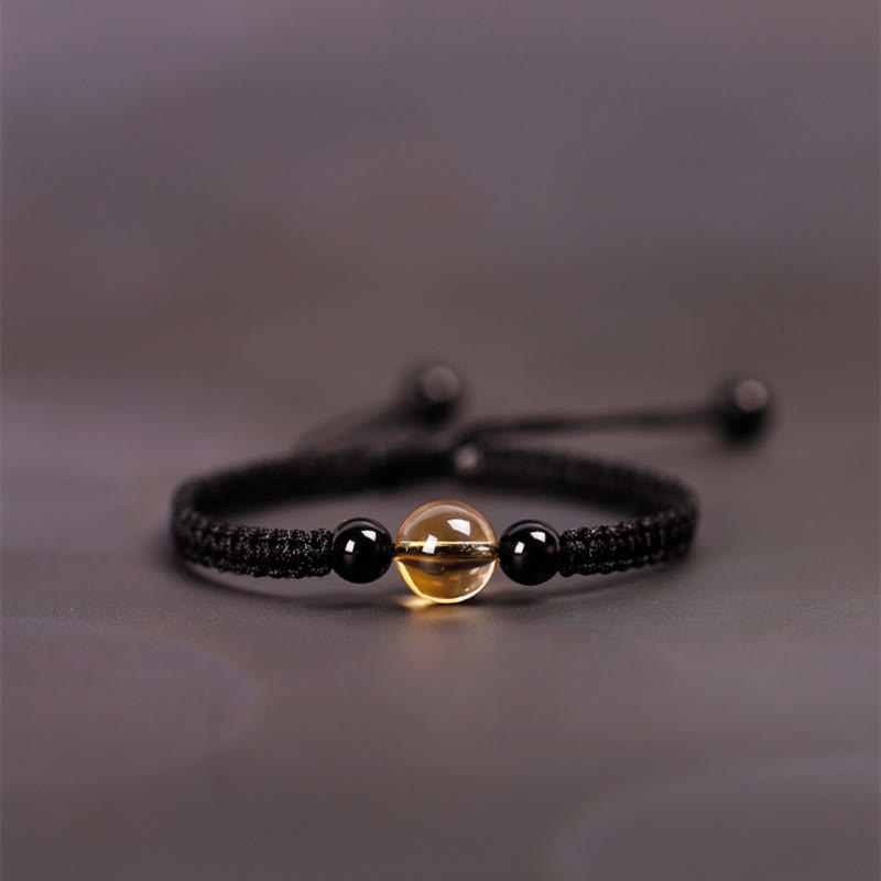 Fortune Jewel Handcrafted Citrine Black Obsidian Bead King Kong Knot Peace Knot Luck Rope Bracelet