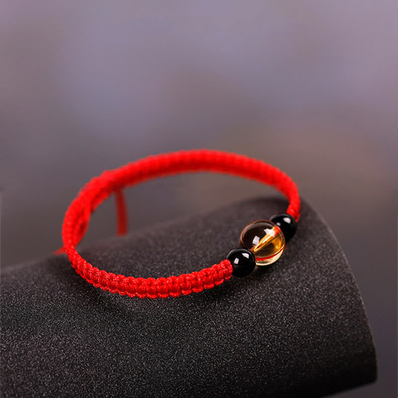 Fortune Jewel Handcrafted Citrine Black Obsidian Bead King Kong Knot Peace Knot Luck Rope Bracelet