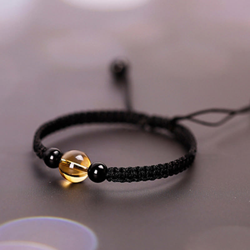 Fortune Jewel Handcrafted Citrine Black Obsidian Bead King Kong Knot Peace Knot Luck Rope Bracelet