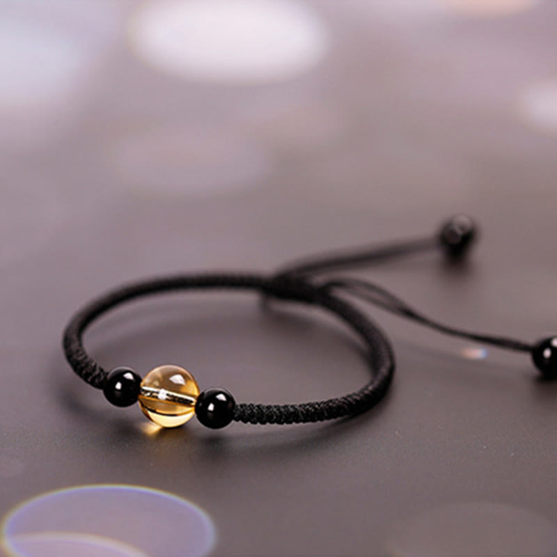 Fortune Jewel Handcrafted Citrine Black Obsidian Bead King Kong Knot Peace Knot Luck Rope Bracelet