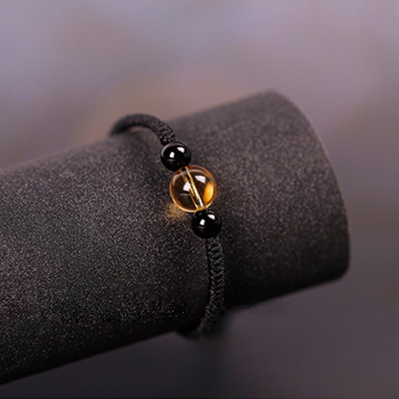 Fortune Jewel Handcrafted Citrine Black Obsidian Bead King Kong Knot Peace Knot Luck Rope Bracelet
