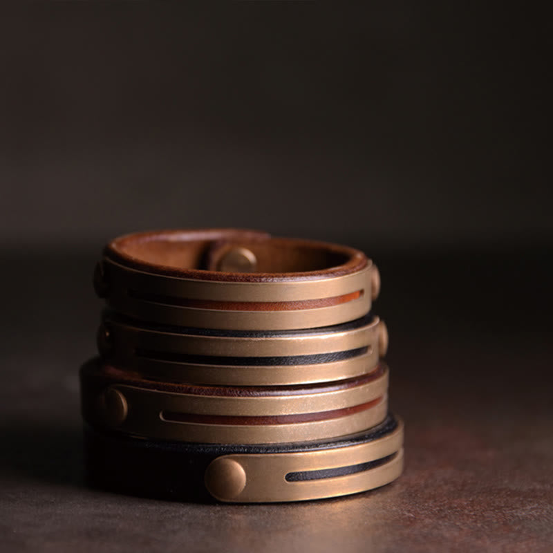 Fortune Jewel Vintage Leather Copper Brass Balance Bangle Bracelet