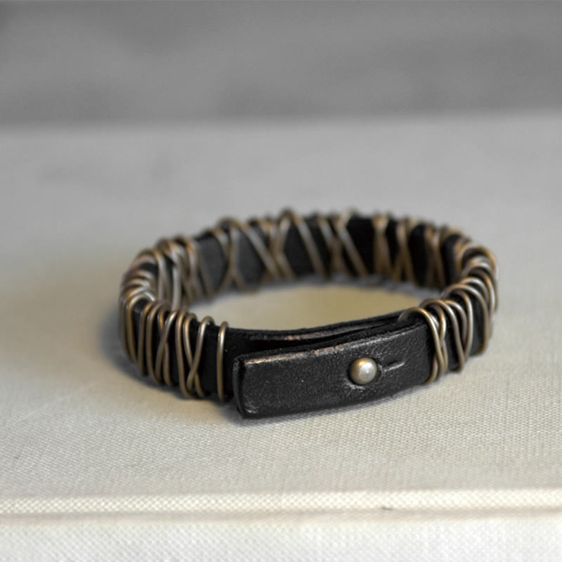 Fortune Jewel Vintage Leather Copper Brass Wire Wrap Balance Bracelet