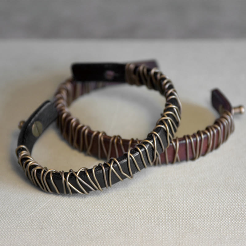 Fortune Jewel Vintage Leather Copper Brass Wire Wrap Balance Bracelet