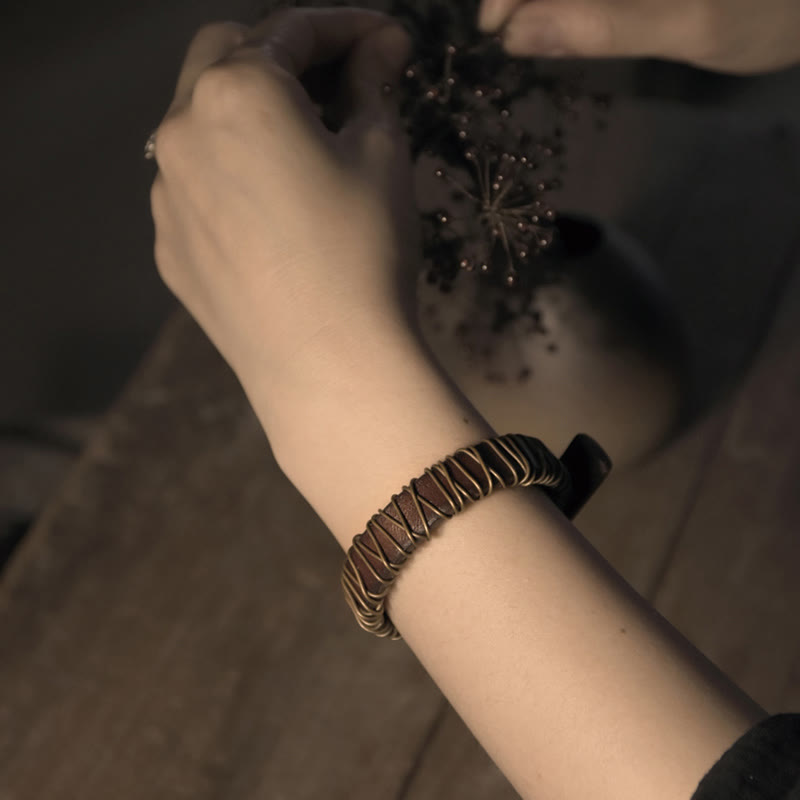 Fortune Jewel Vintage Leather Copper Brass Wire Wrap Balance Bracelet