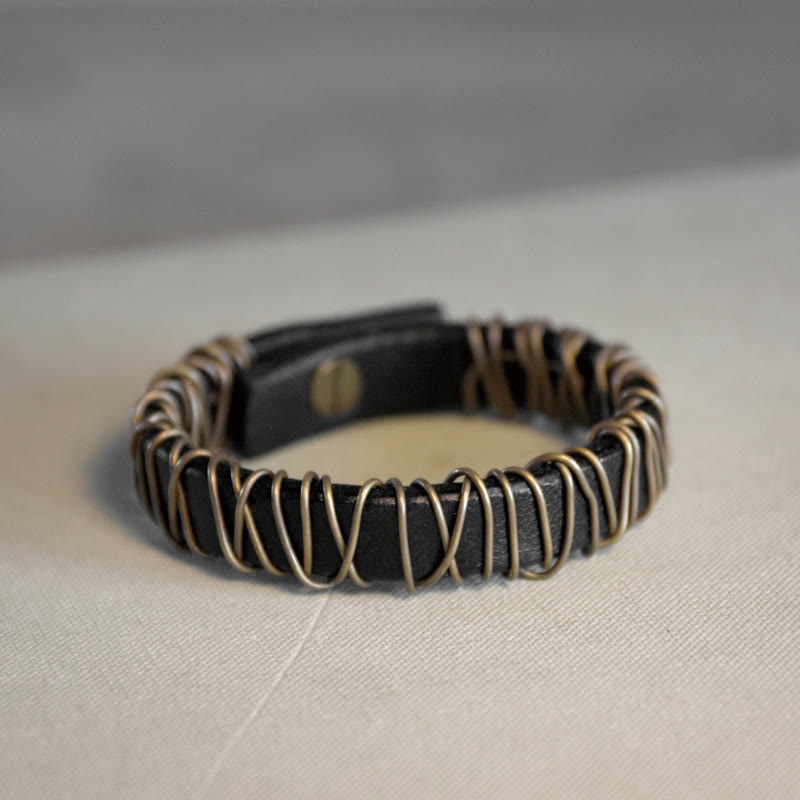 Fortune Jewel Vintage Leather Copper Brass Wire Wrap Balance Bracelet
