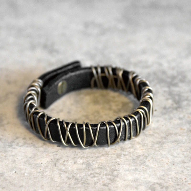 Fortune Jewel Vintage Leather Copper Brass Wire Wrap Balance Bracelet
